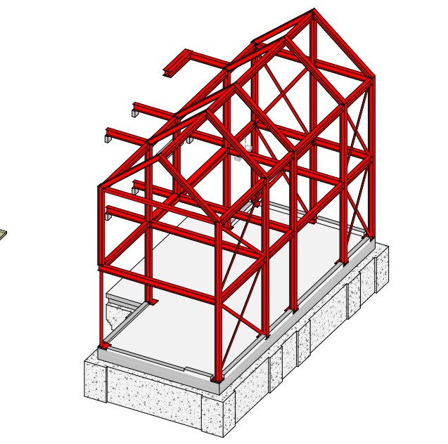 3D render of a red structural steel frame for a two-storey residential extension with pitched roof and concrete foundation base.